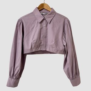 Zara Purple Cotton Cropped Long Sleeve Shirt M NWT